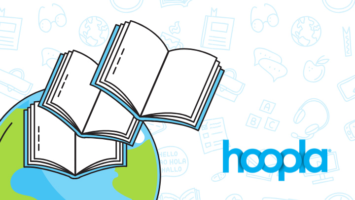 Text reads: hoopla. A globe with books flying out of it.