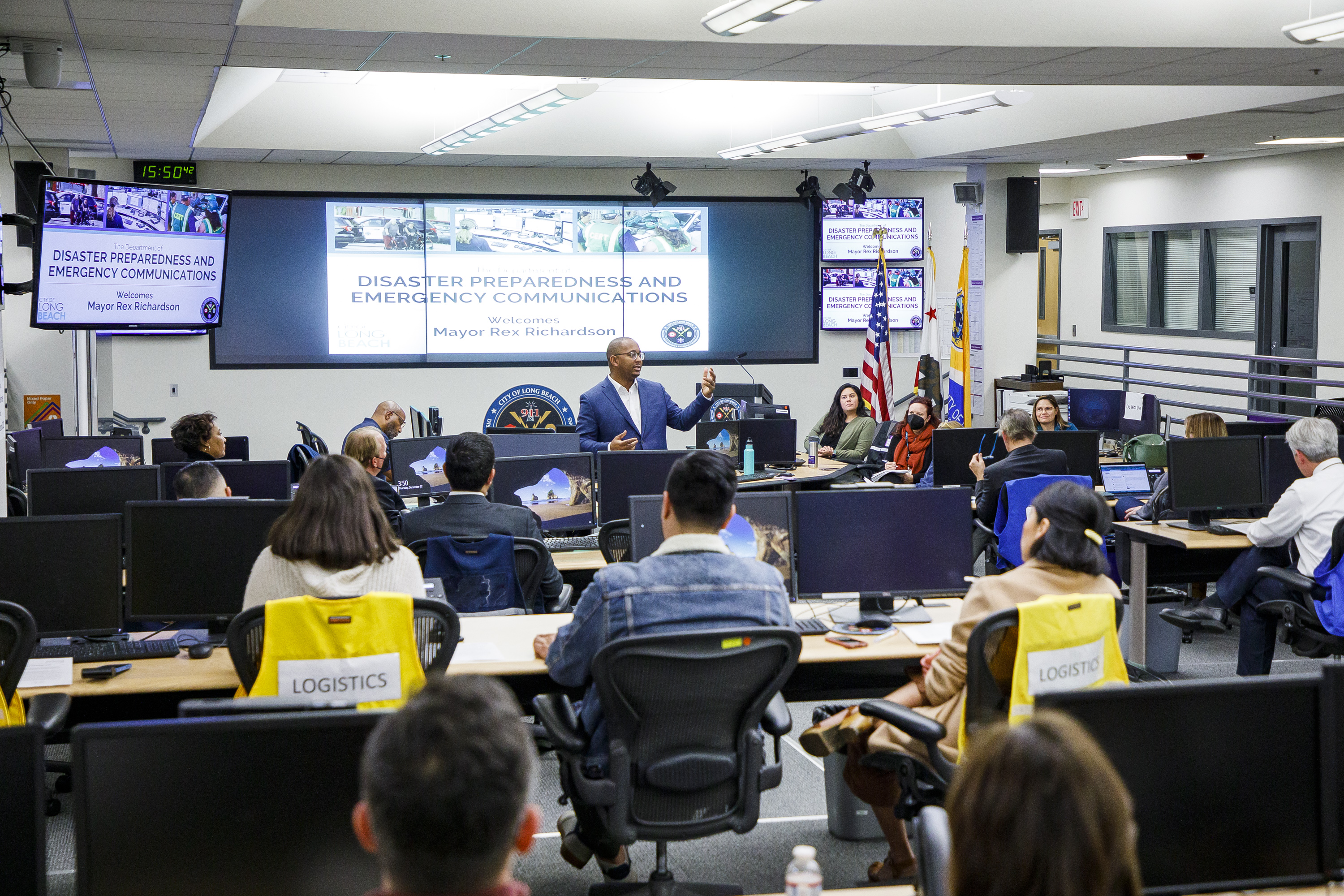 City leadership in a meeting in the Emergency Operations Center led by Mayor Rex Richardson